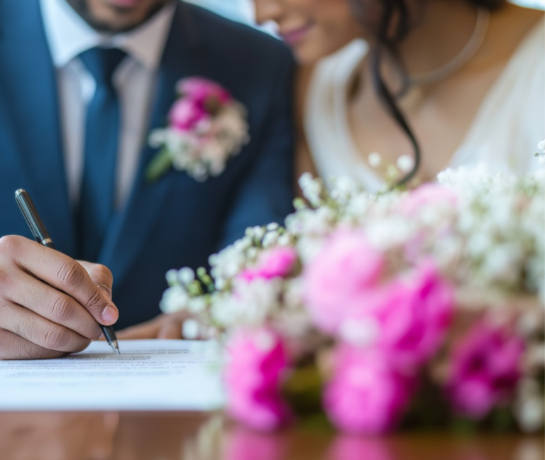 Casal assinando documento de casamento